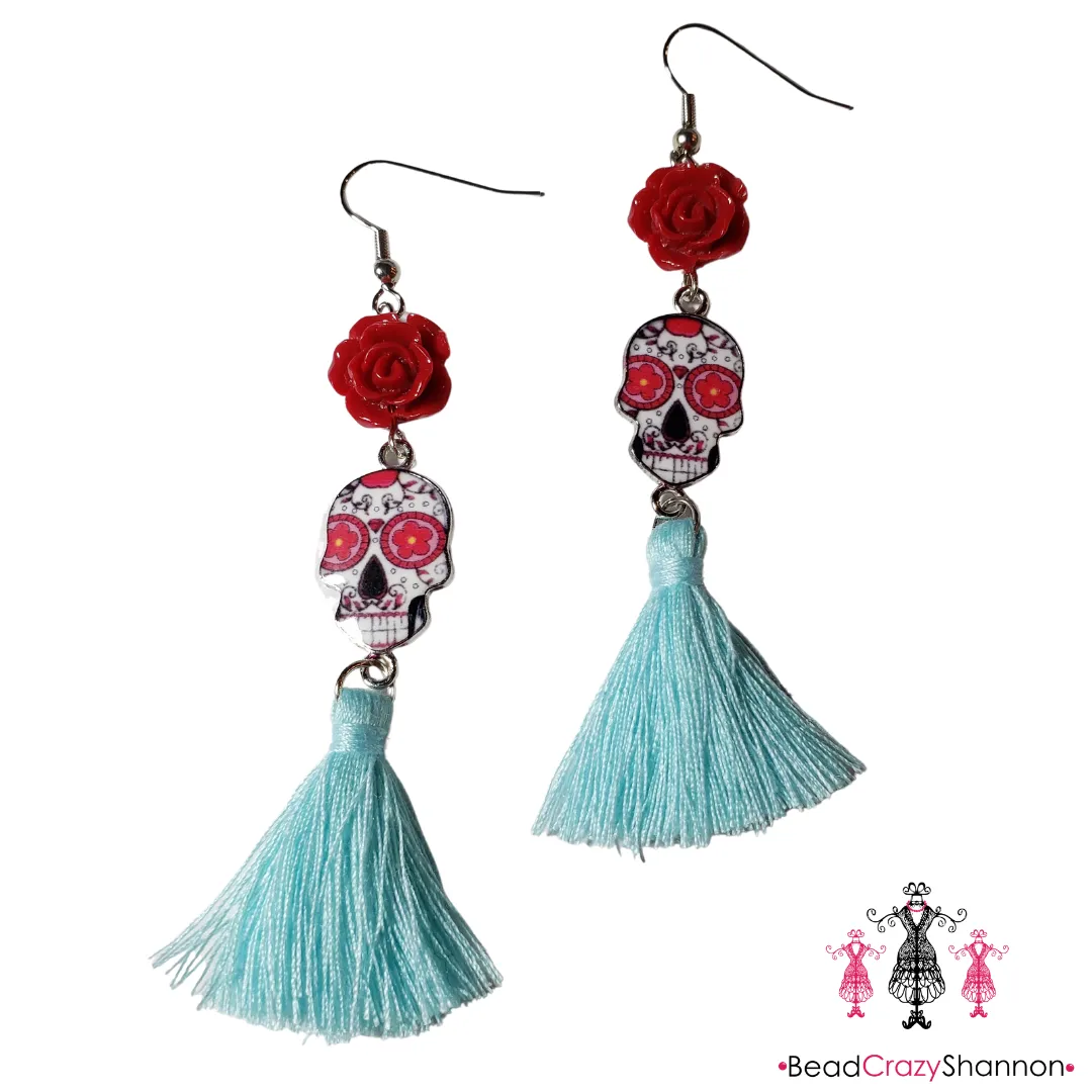 Sugar Skulls Tassel Earrings [with flower]