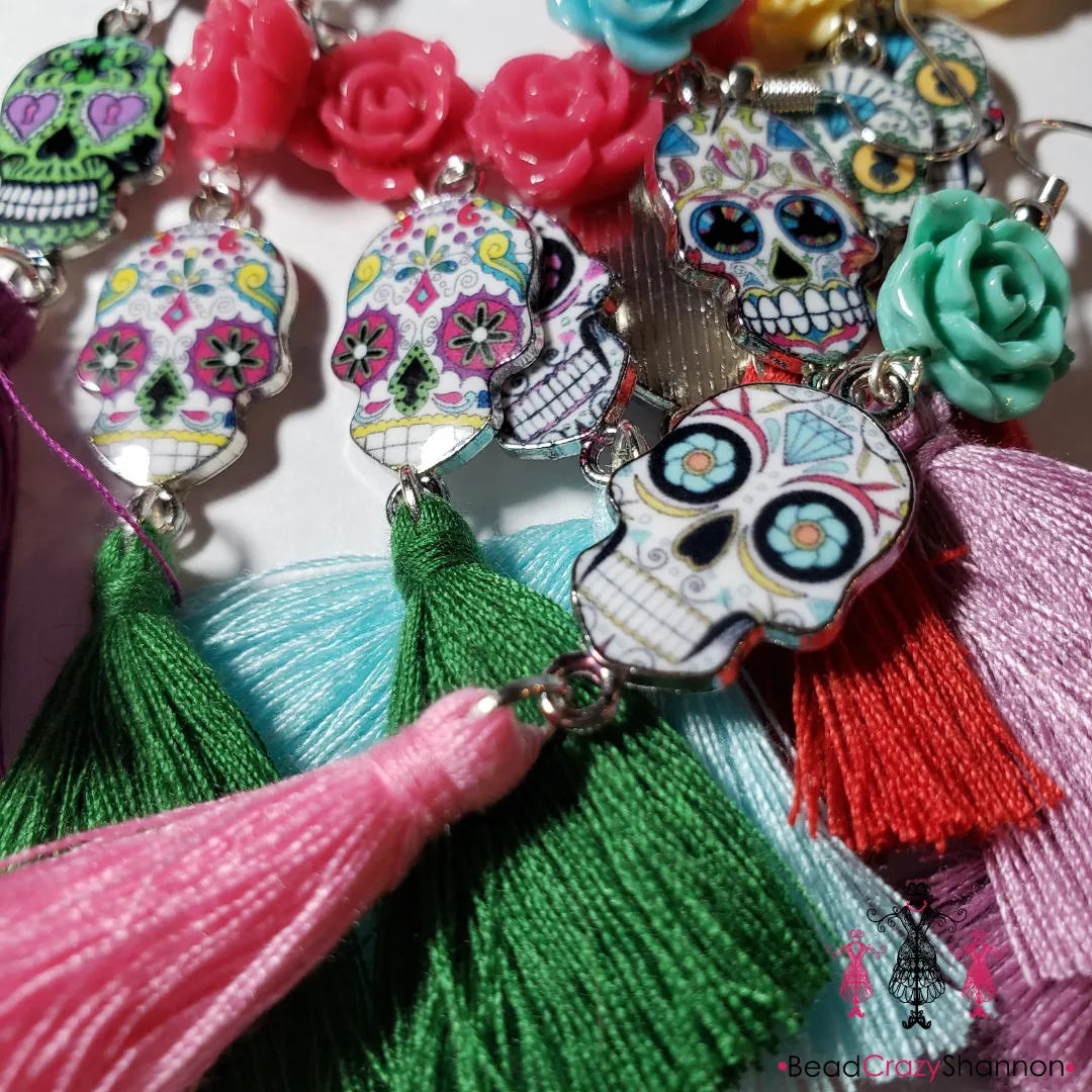 Sugar Skulls Tassel Earrings [with flower]