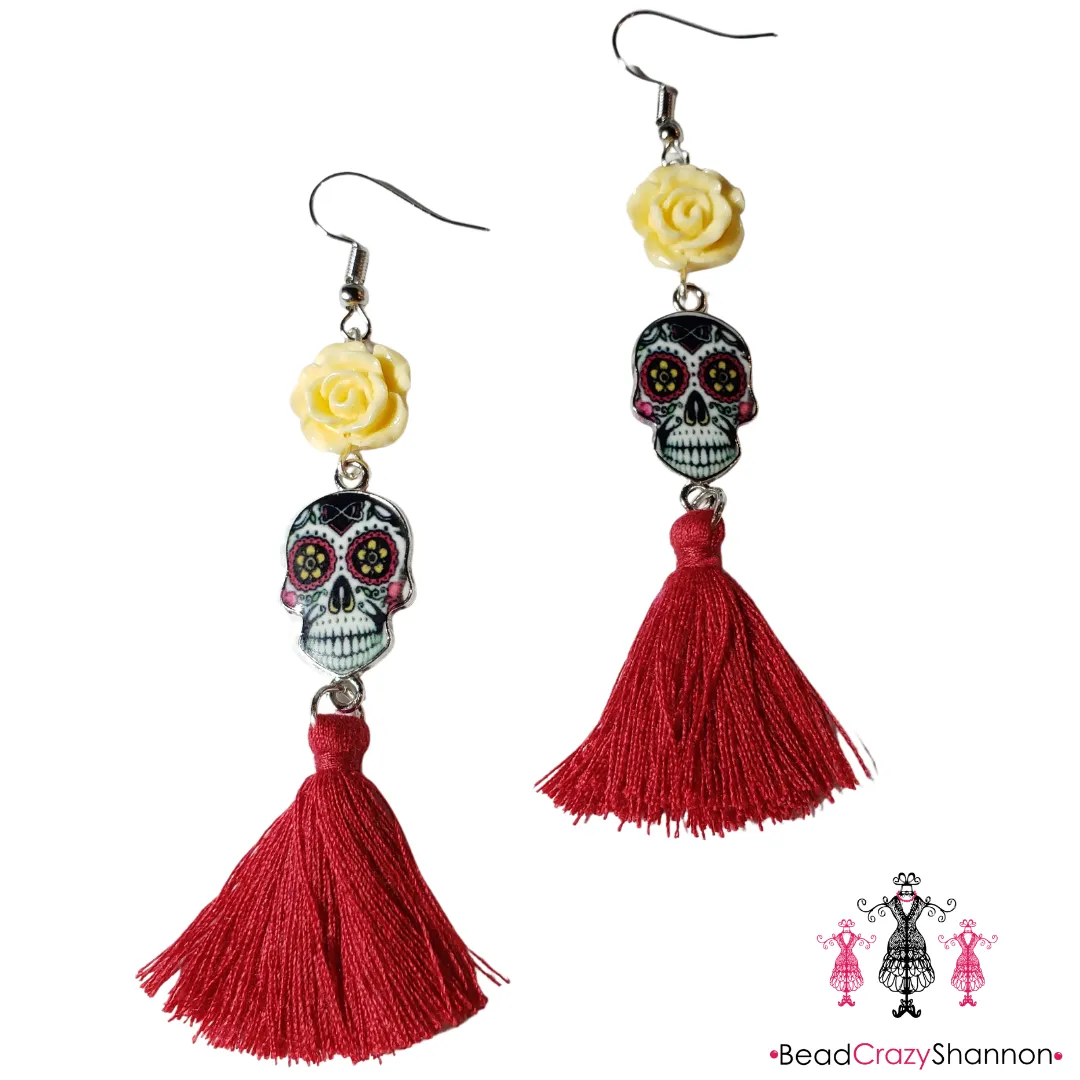 Sugar Skulls Tassel Earrings [with flower]
