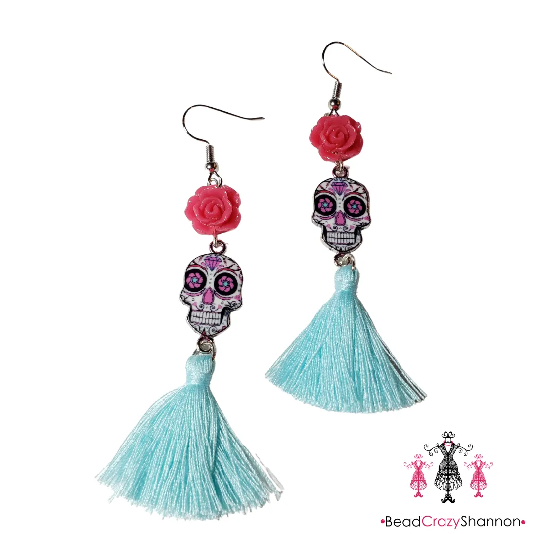 Sugar Skulls Tassel Earrings [with flower]