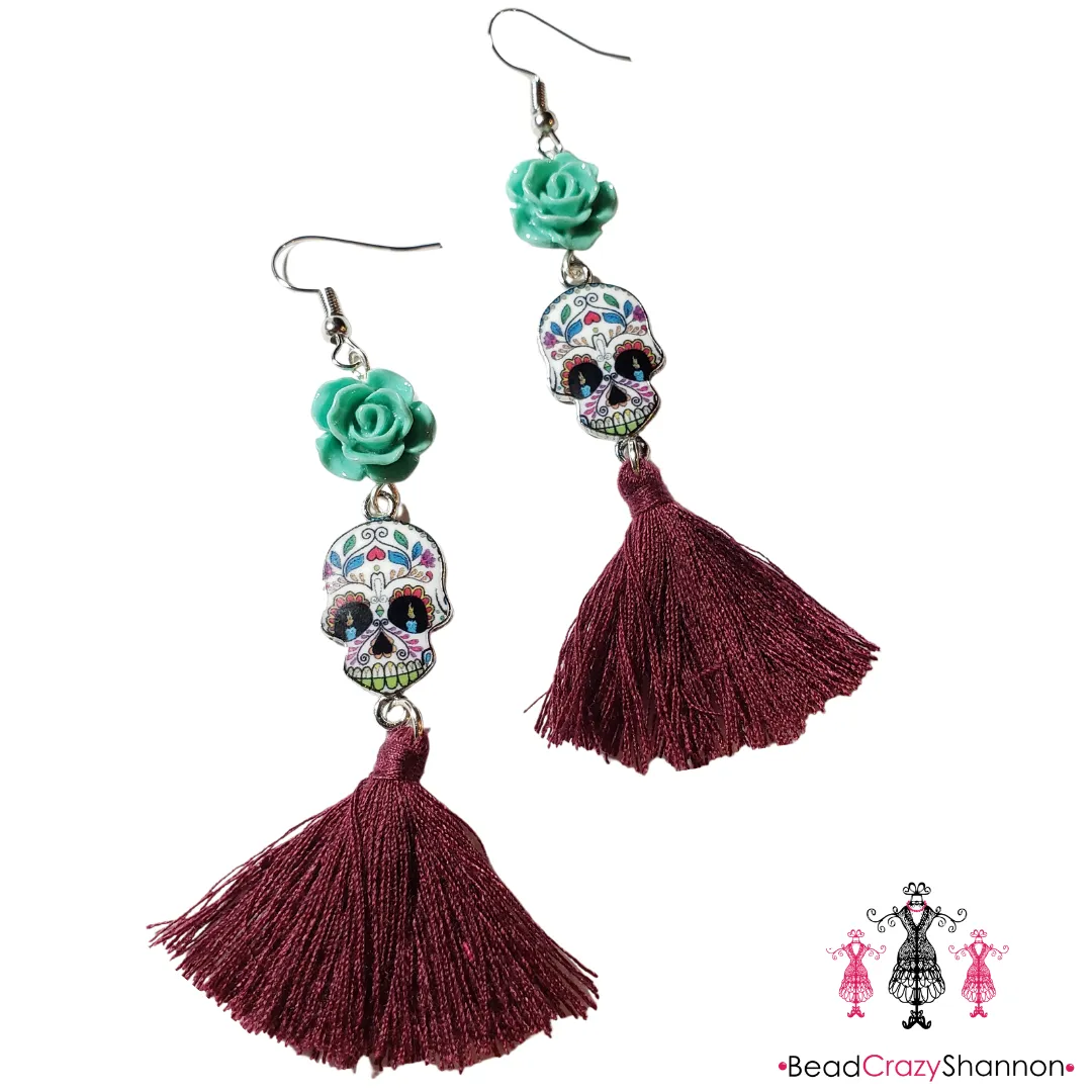 Sugar Skulls Tassel Earrings [with flower]