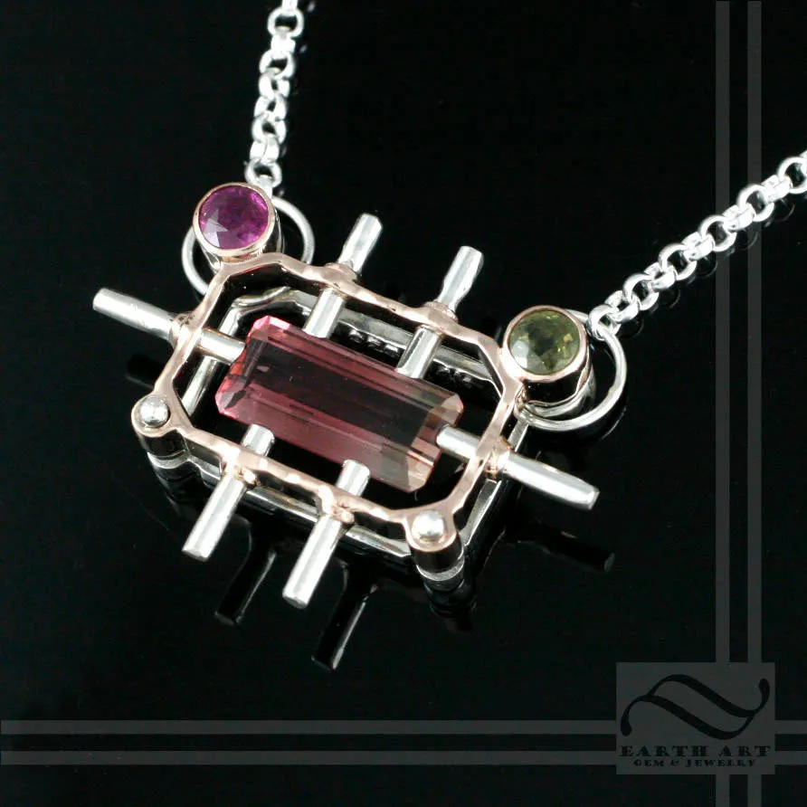 Suspended Tourmaline - 14k rose gold and silver pendant