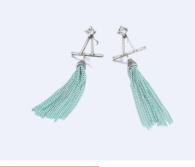 Tassel and Diamond Stud Earrings | Oxidized Green and Silver