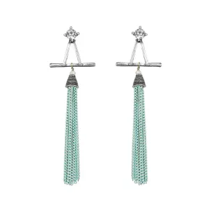 Tassel and Diamond Stud Earrings | Oxidized Green and Silver