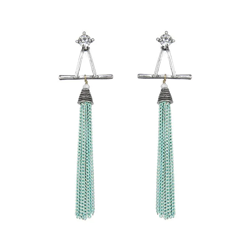 Tassel and Diamond Stud Earrings | Oxidized Green and Silver