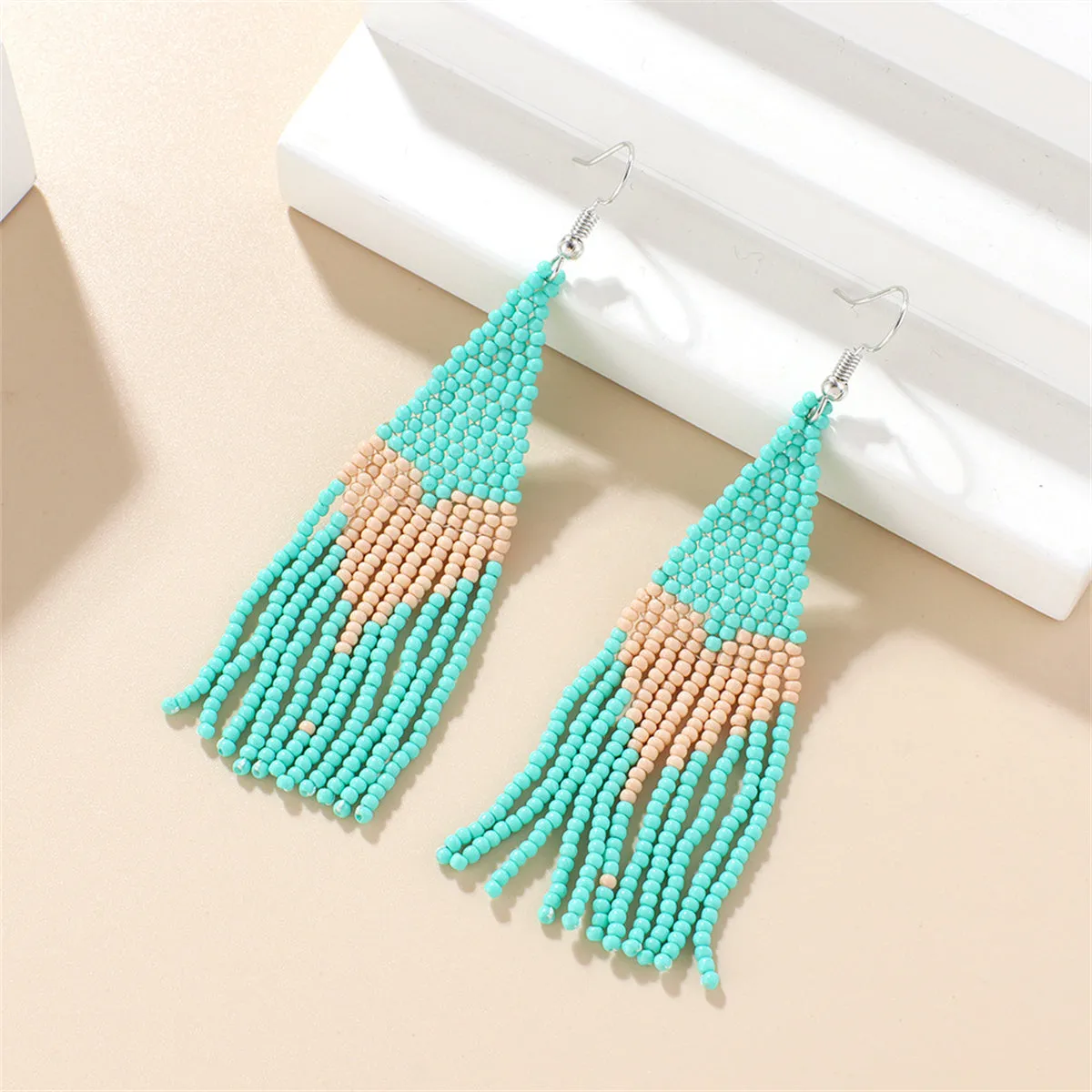 Teal Howlite & Silver-Plated Heart Tassel Drop Earrings