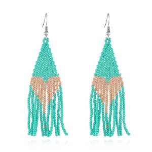 Teal Howlite & Silver-Plated Heart Tassel Drop Earrings