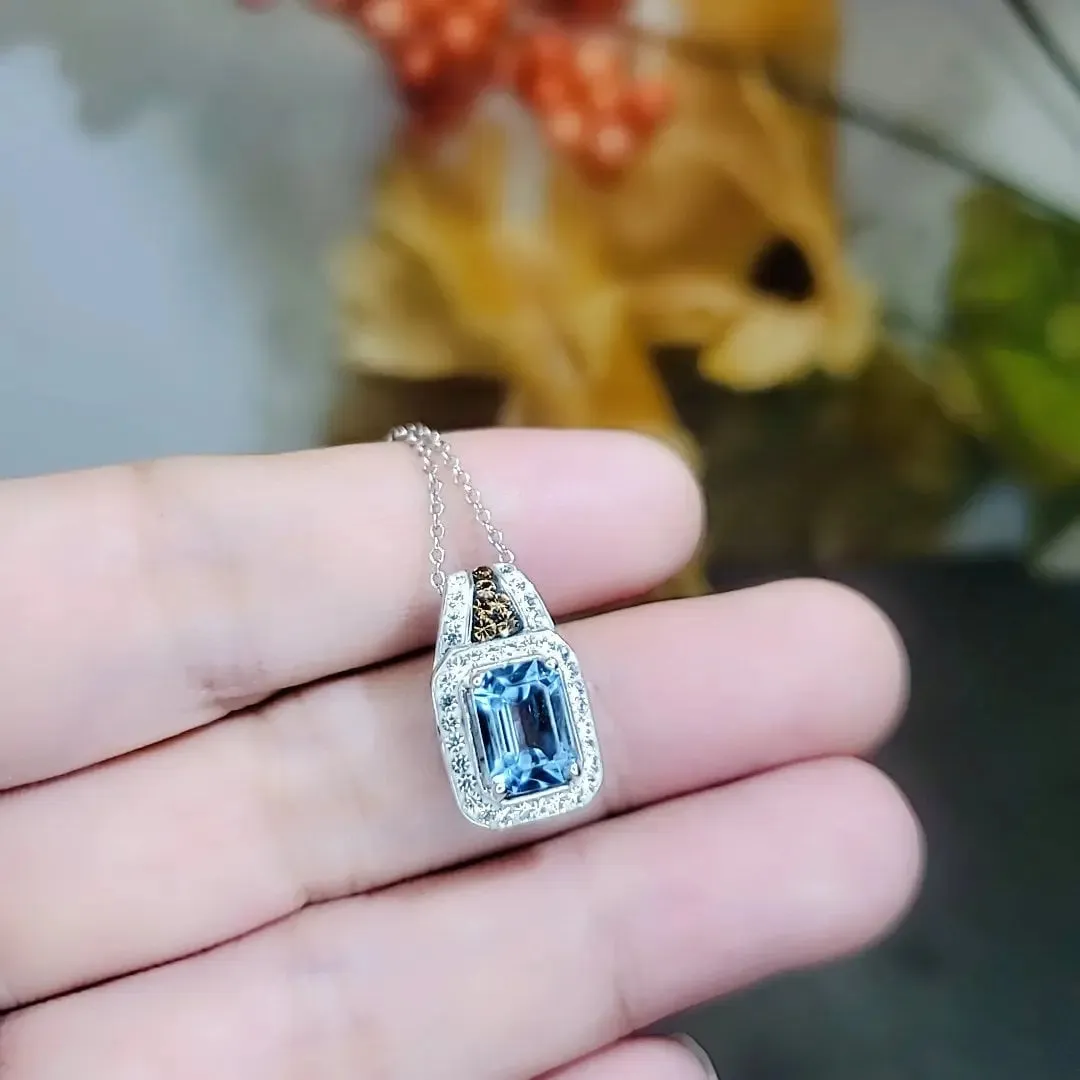 Tiny Rectangle Aquamarine Necklace - Sterling Silver White Gold Coated - Sim Diamond Blue Aquamarine Pendant