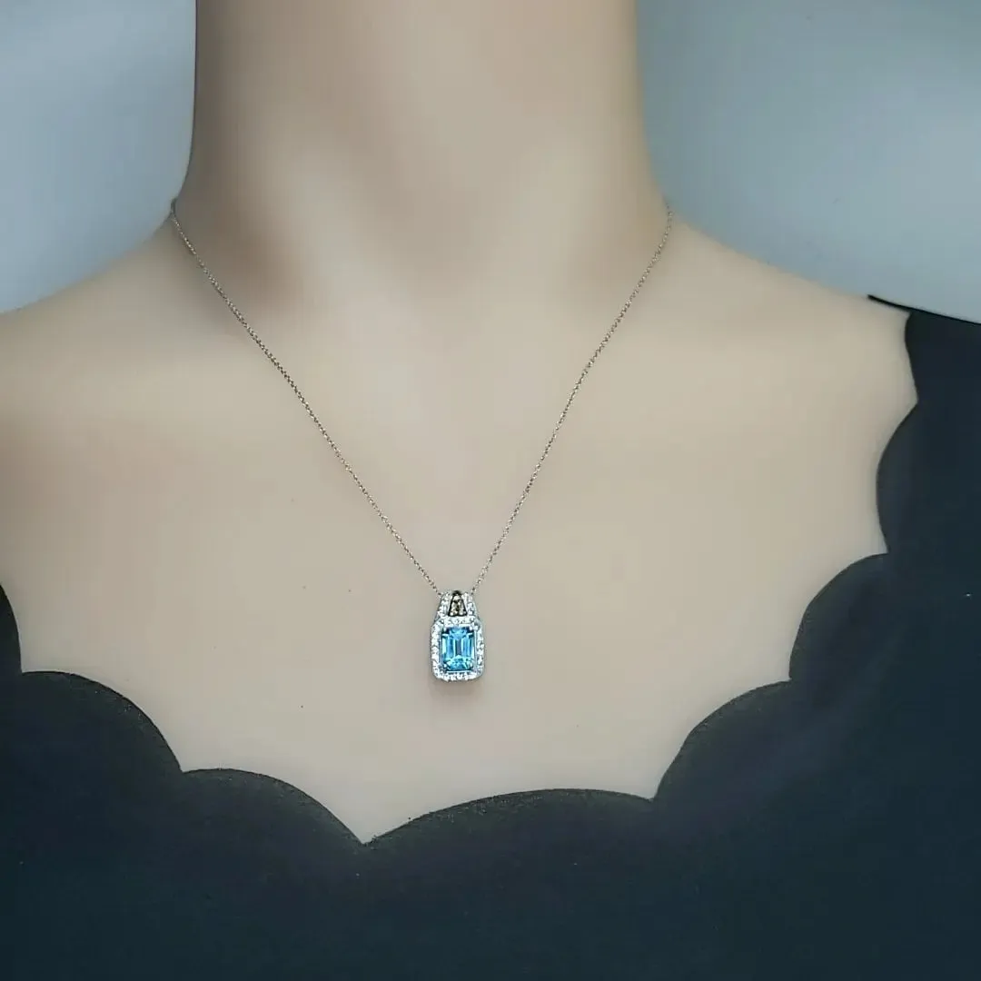 Tiny Rectangle Aquamarine Necklace - Sterling Silver White Gold Coated - Sim Diamond Blue Aquamarine Pendant