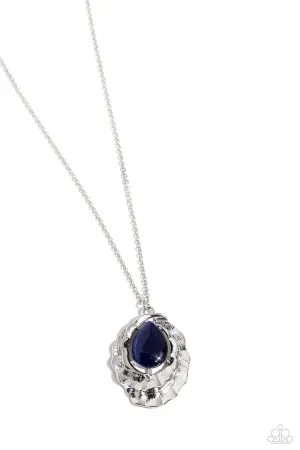 Titanic Trinket - Blue - Teardrop Cat's Eye Stone Scalloped Silver Frame Paparazzi Long Necklace