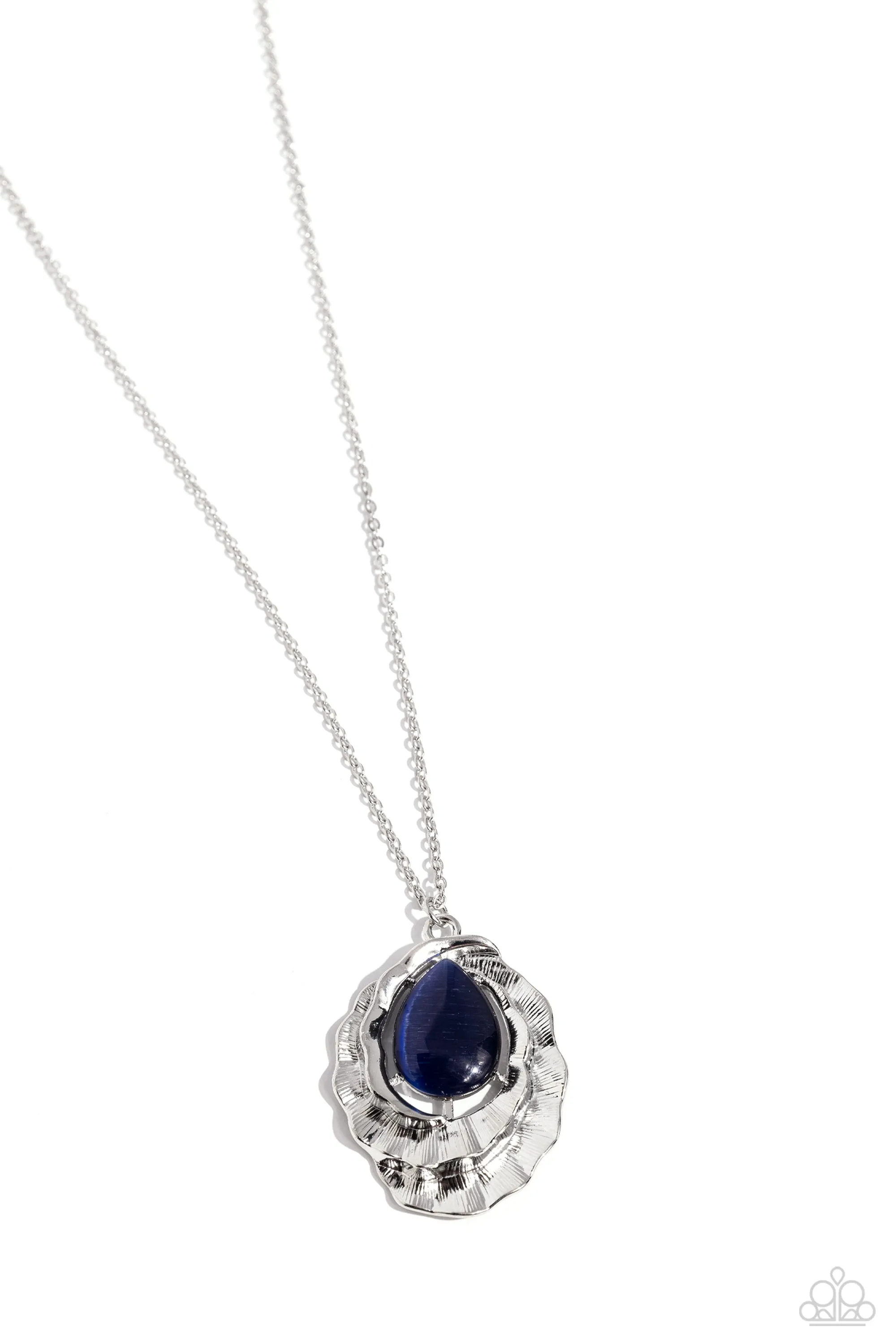 Titanic Trinket - Blue - Teardrop Cat's Eye Stone Scalloped Silver Frame Paparazzi Long Necklace