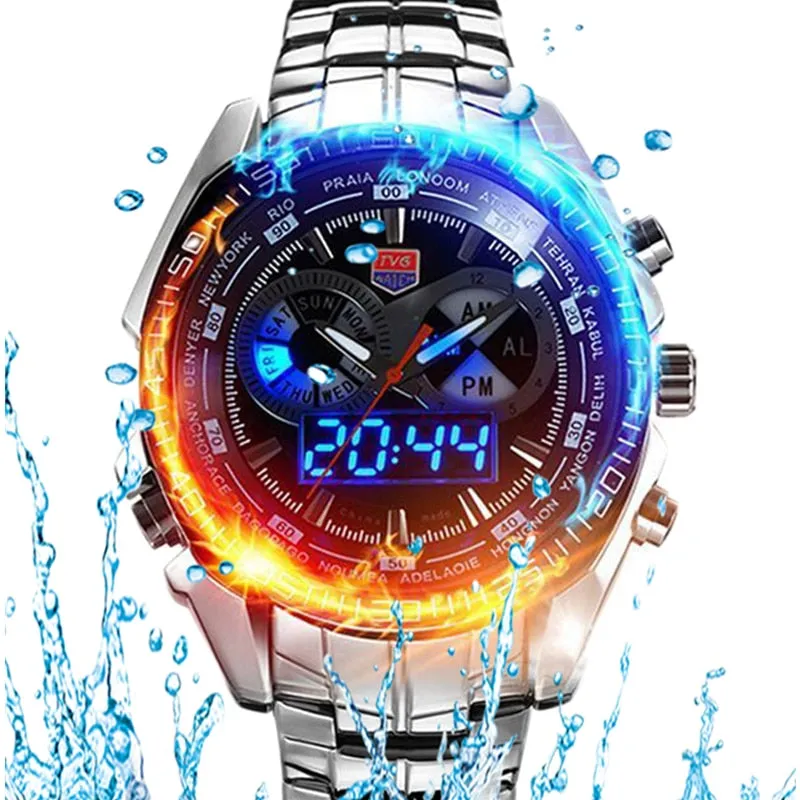 Top Men Watch TVG Dual Display Analog Digital Quartz Watch Stainless Steel Men's Watch Fashion Military Army Mens Watches