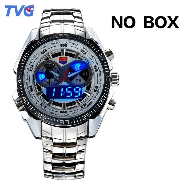 Top Men Watch TVG Dual Display Analog Digital Quartz Watch Stainless Steel Men's Watch Fashion Military Army Mens Watches