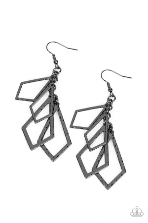 Totally TERRA-ific - Black - Hammered Gunmetal Geometric Frame Paparazzi Fishhook Earrings