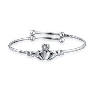 Traditional Irish Claddagh Bangle Bracelet for Small Wrists Silver 6.5 Inch