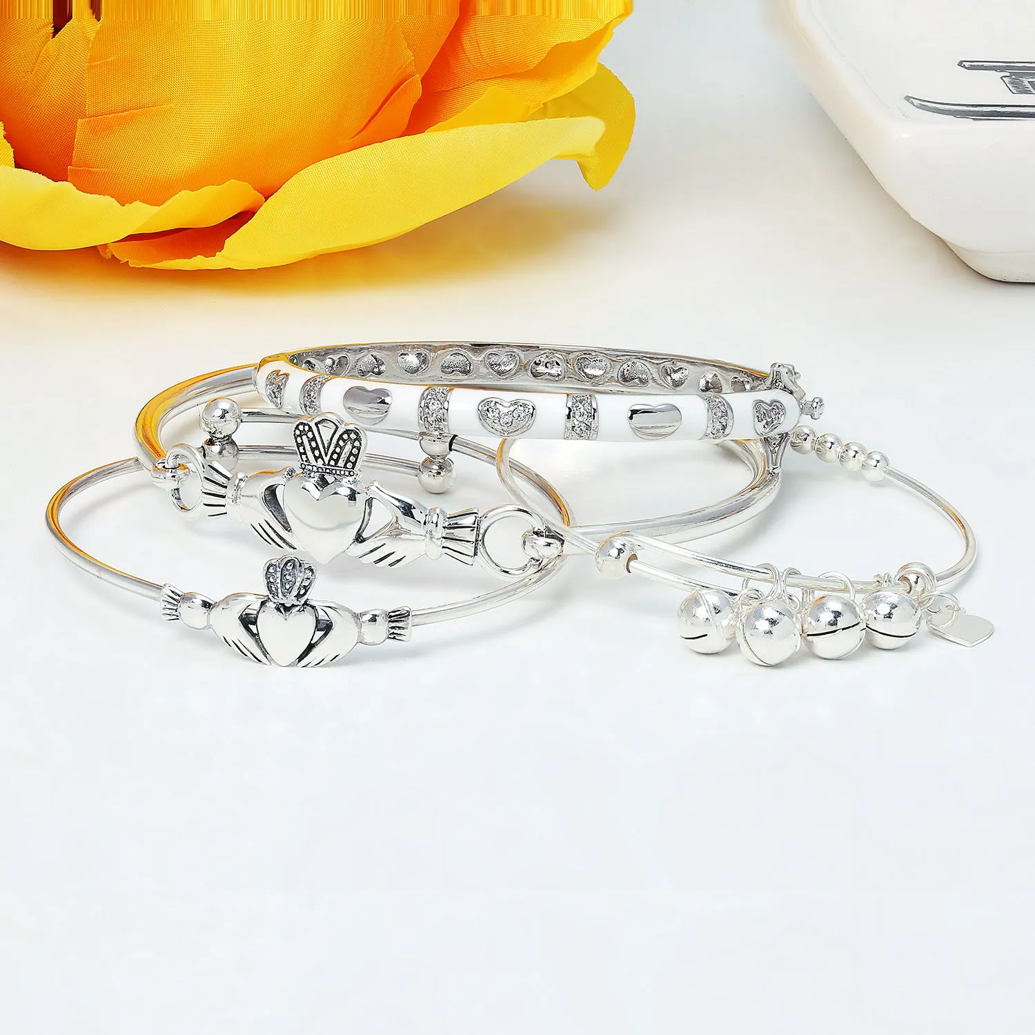 Traditional Irish Claddagh Bangle Bracelet for Small Wrists Silver 6.5 Inch