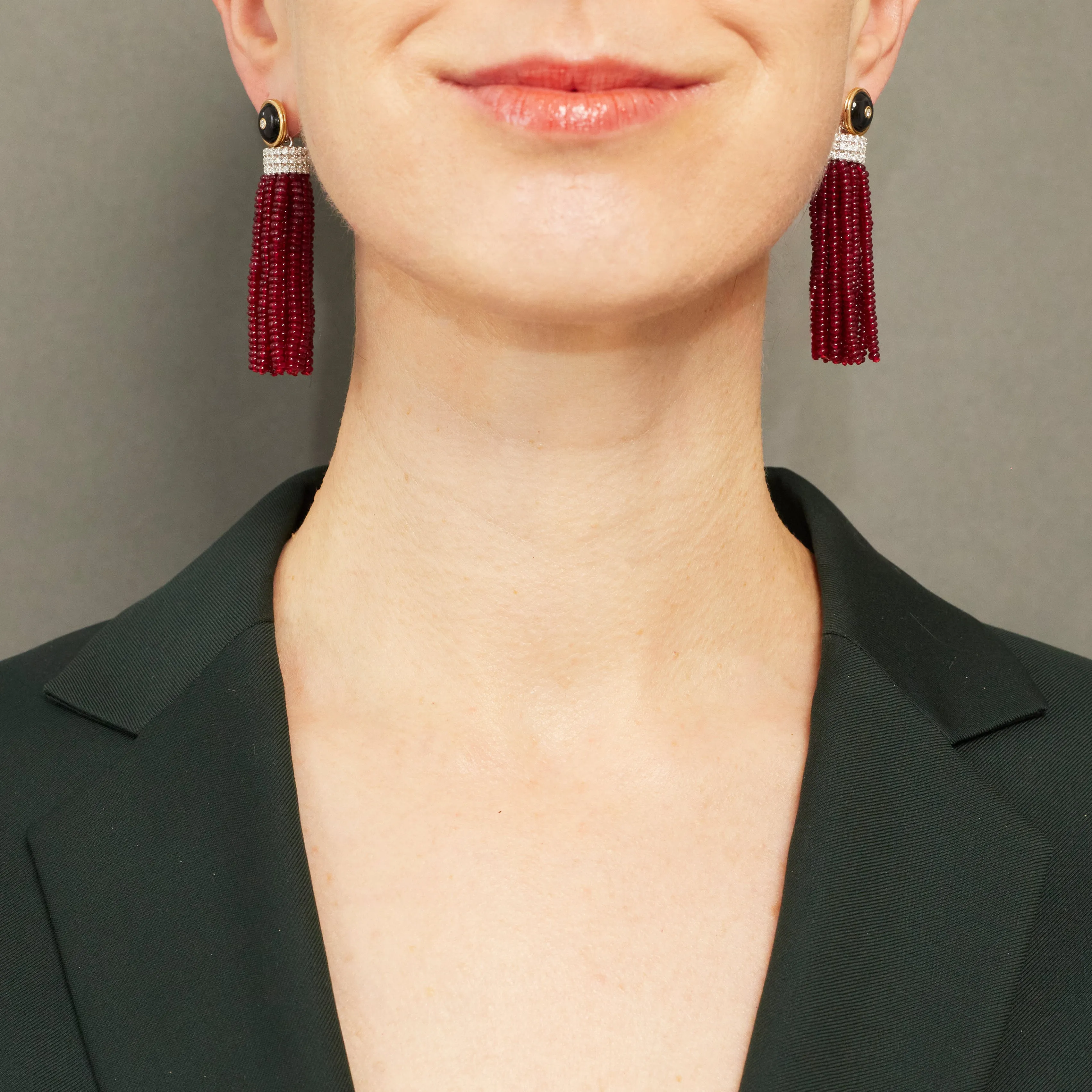 Triple Diamond Tassel Ruby Rondelles Earrings with Onyx Diamond Studs, 18k White Gold