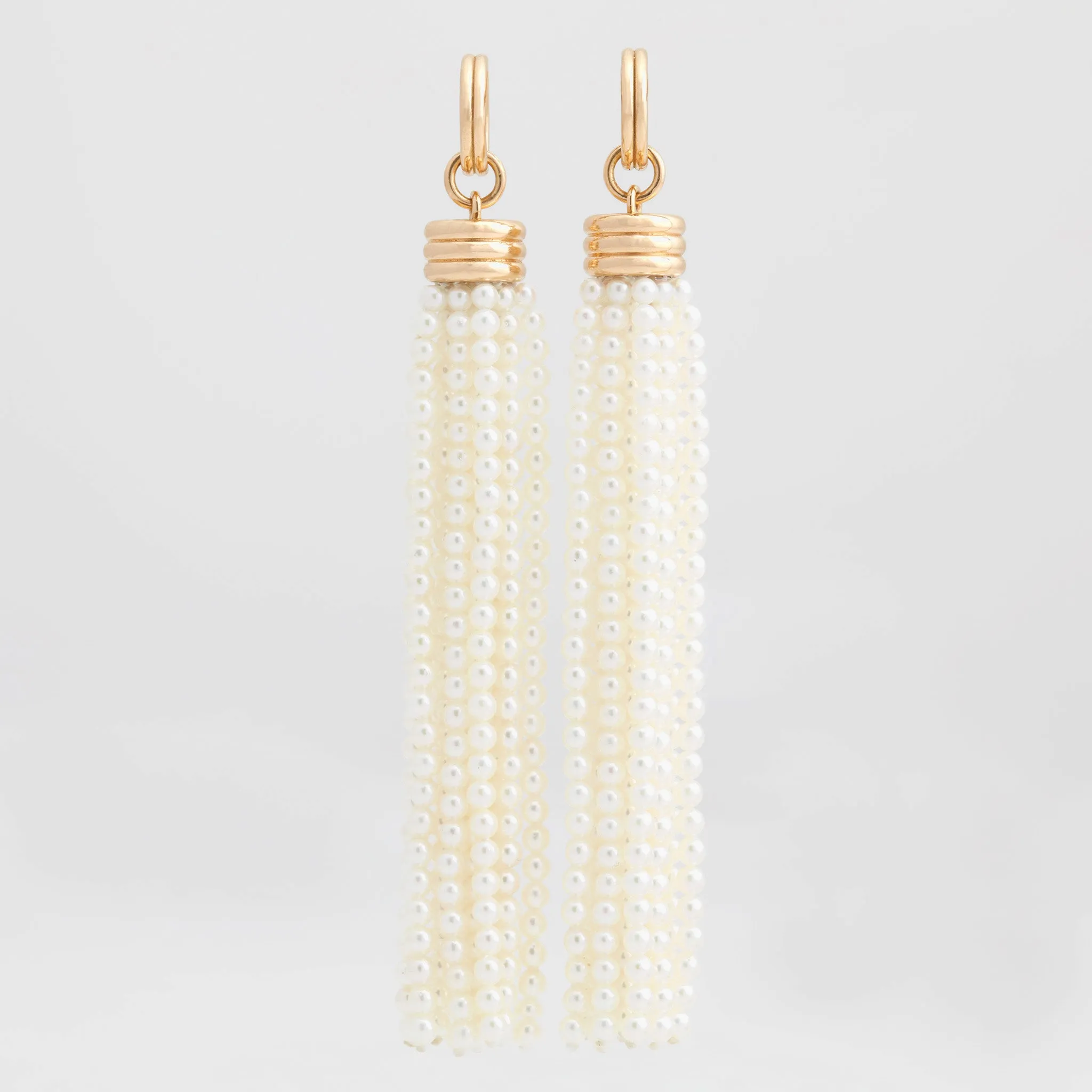 Triple Tassel Akoya Pearl Earrings with Double Link Huggies, 18k Yellow Gold, Long
