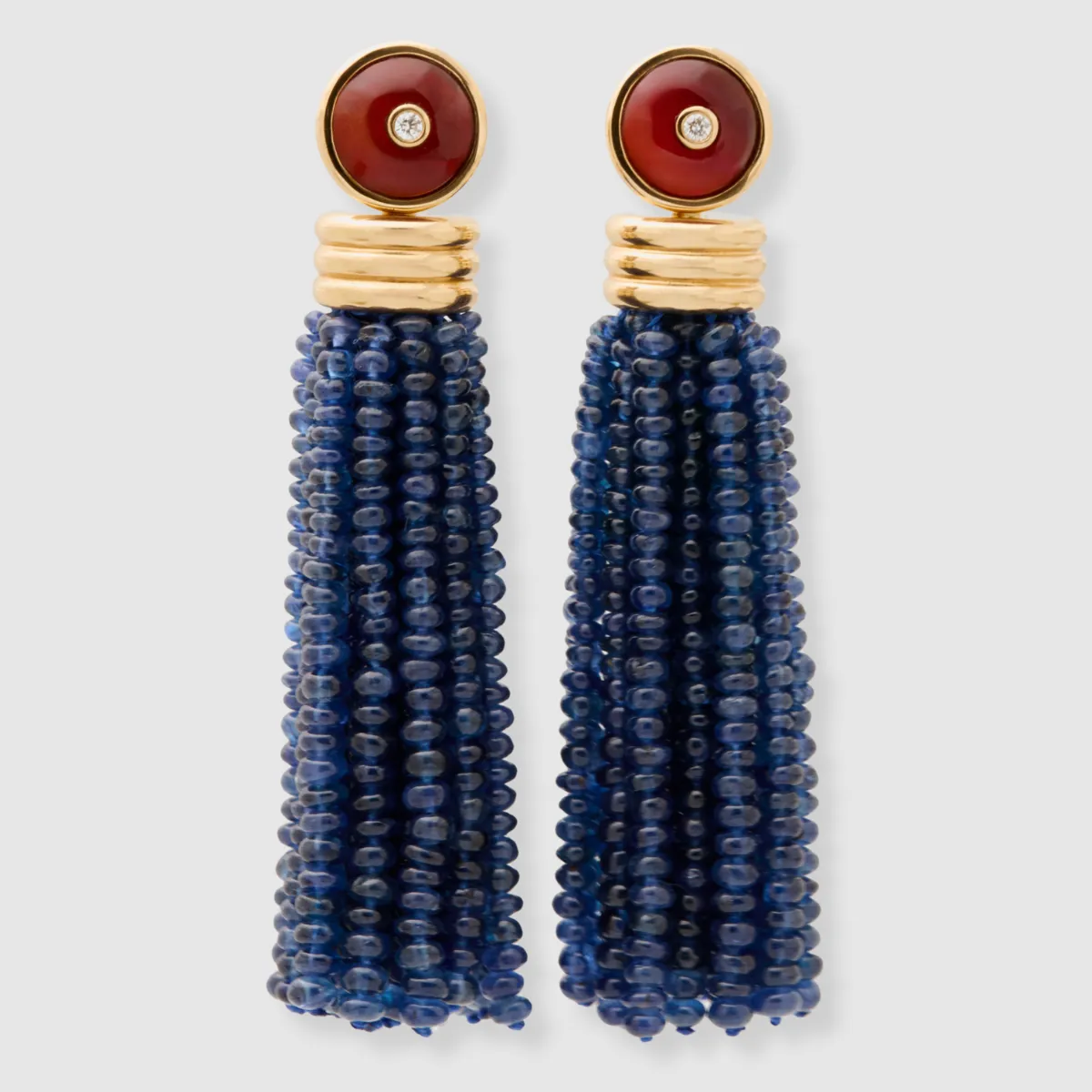 Triple Tassel Blue Sapphire Earrings with Red Chalcedony Diamond Studs, 18K Yellow Gold,