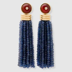 Triple Tassel Blue Sapphire Earrings with Red Chalcedony Diamond Studs, 18K Yellow Gold,
