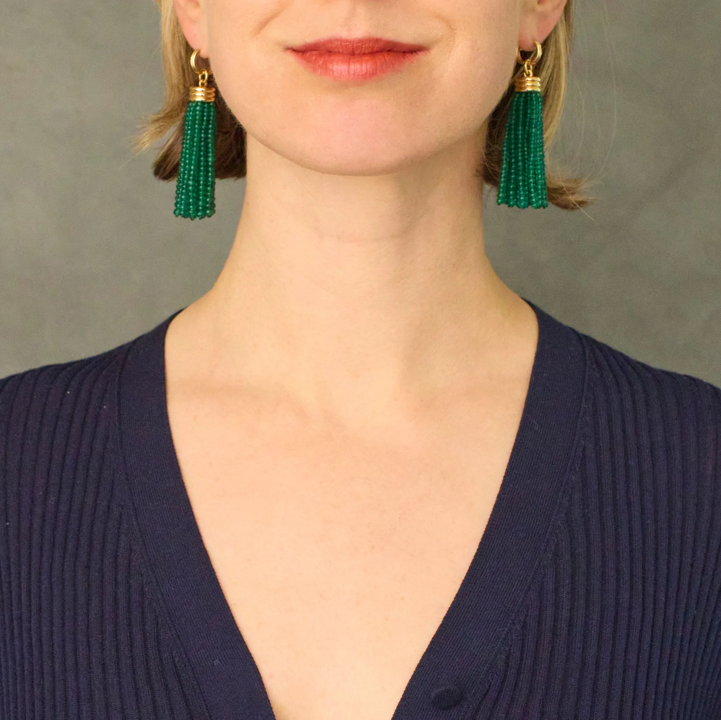 Triple Tassel Emerald Rondelles Earrings with Double Huggies, 18K Yellow Gold
