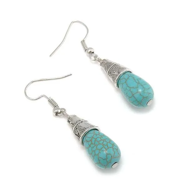 Turquoise Blue Tibetan Silver Vintage Drop Dangle Earrings