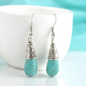 Turquoise Blue Tibetan Silver Vintage Drop Dangle Earrings