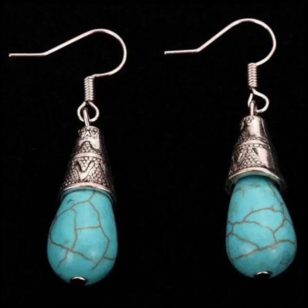 Turquoise Blue Tibetan Silver Vintage Drop Dangle Earrings