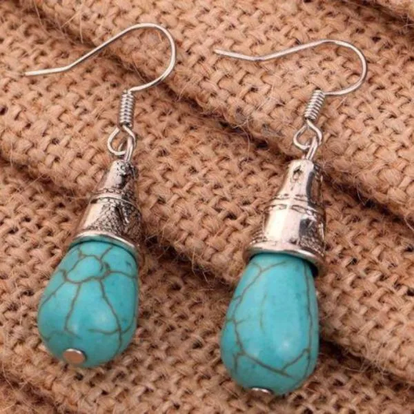 Turquoise Blue Tibetan Silver Vintage Drop Dangle Earrings