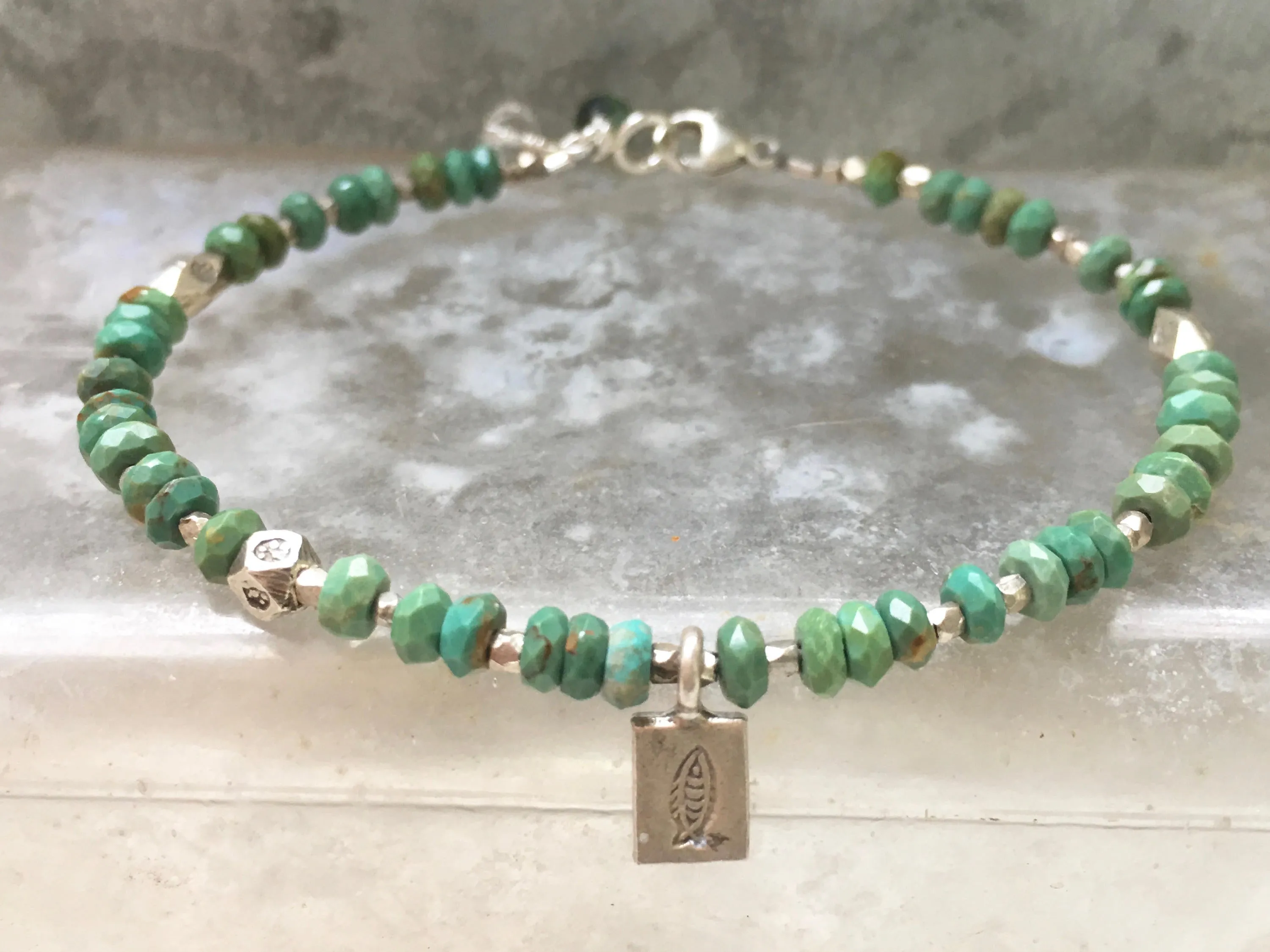 Turquoise Bracelet - Silver Fish Charm - Beaded Bracelet - Turquoise Jewelry - Girlfriend Gift - Women's Jewelry -December Birthstone