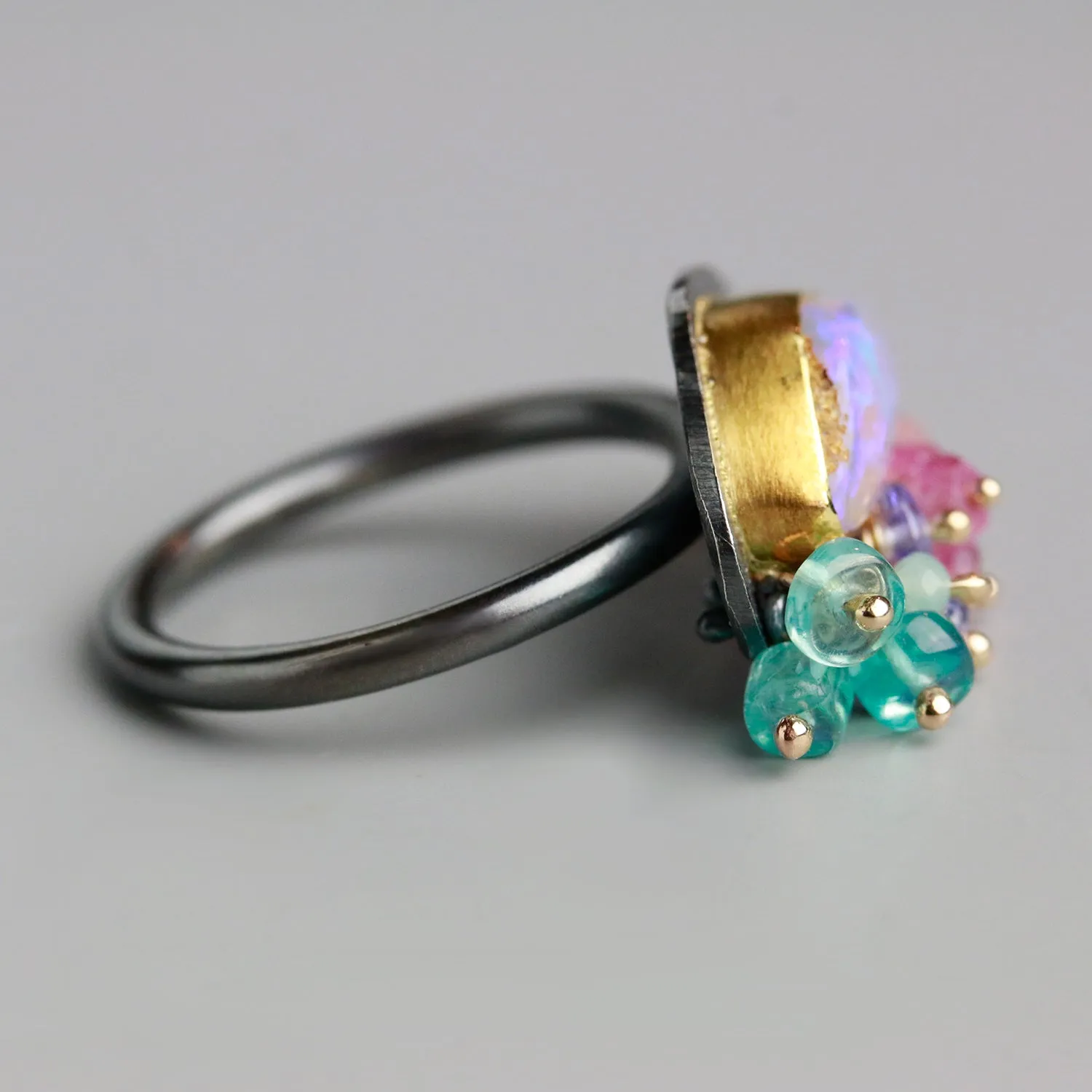 Ultra Violet Boulder Opal with Gemstone Fringe. Size 7 1/4.
