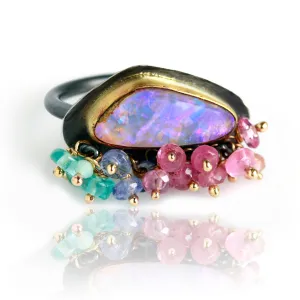 Ultra Violet Boulder Opal with Gemstone Fringe. Size 7 1/4.