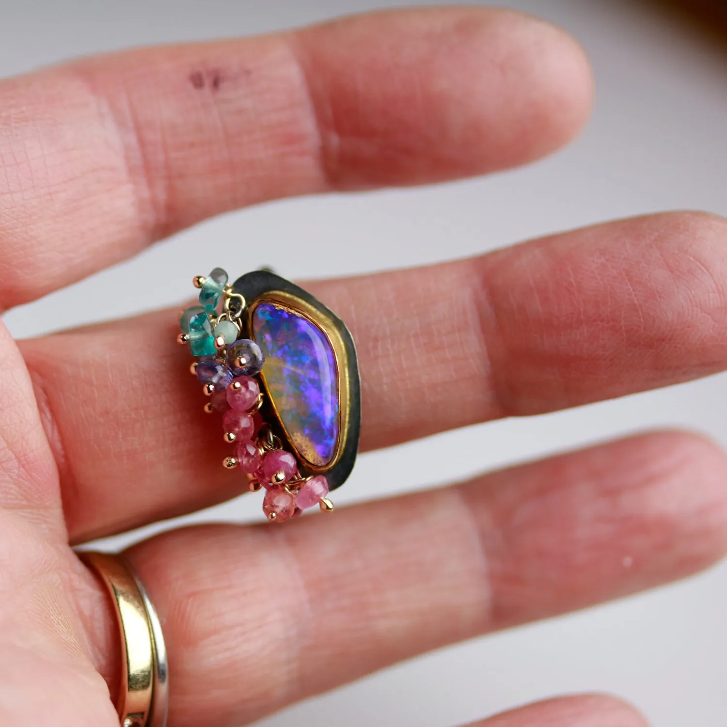 Ultra Violet Boulder Opal with Gemstone Fringe. Size 7 1/4.