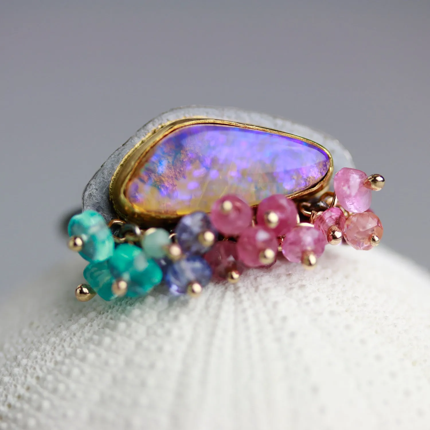 Ultra Violet Boulder Opal with Gemstone Fringe. Size 7 1/4.