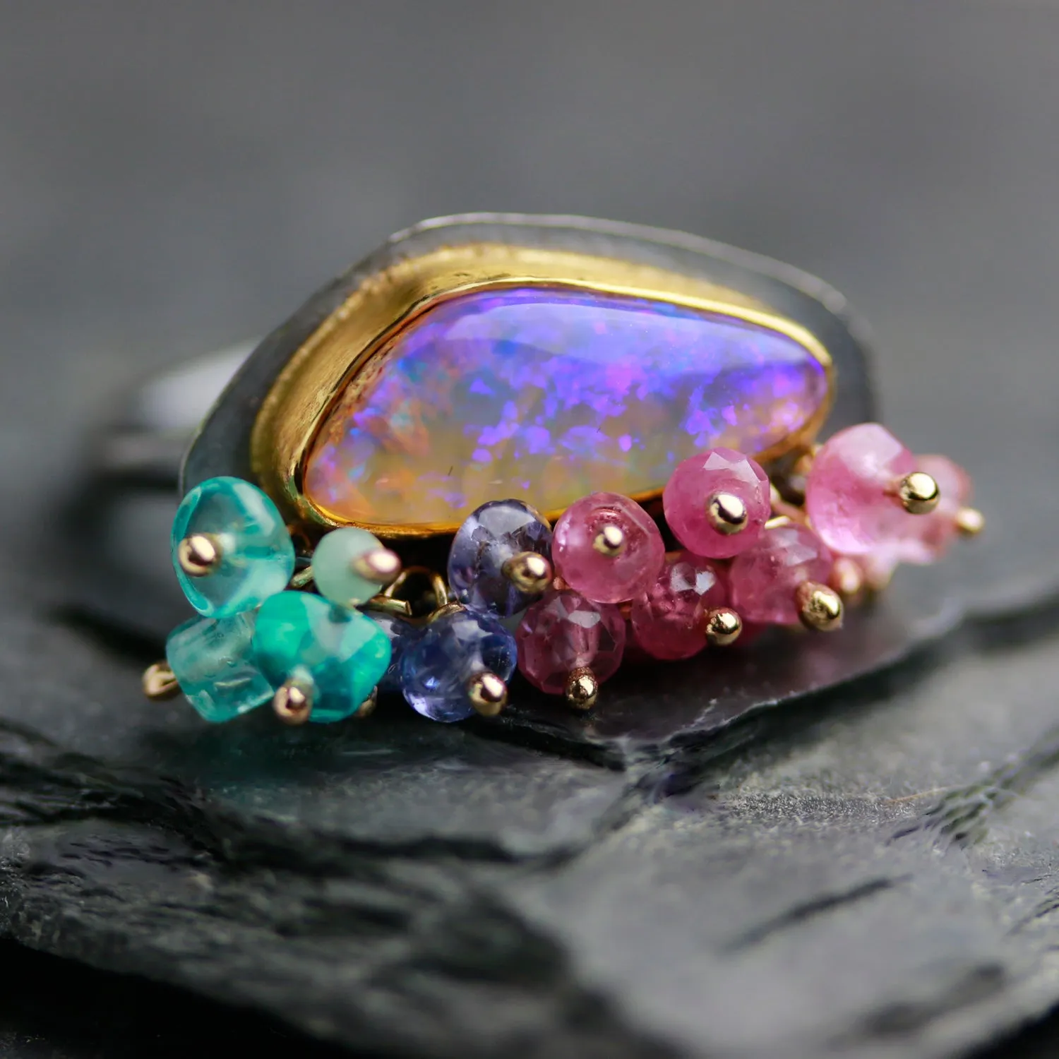 Ultra Violet Boulder Opal with Gemstone Fringe. Size 7 1/4.