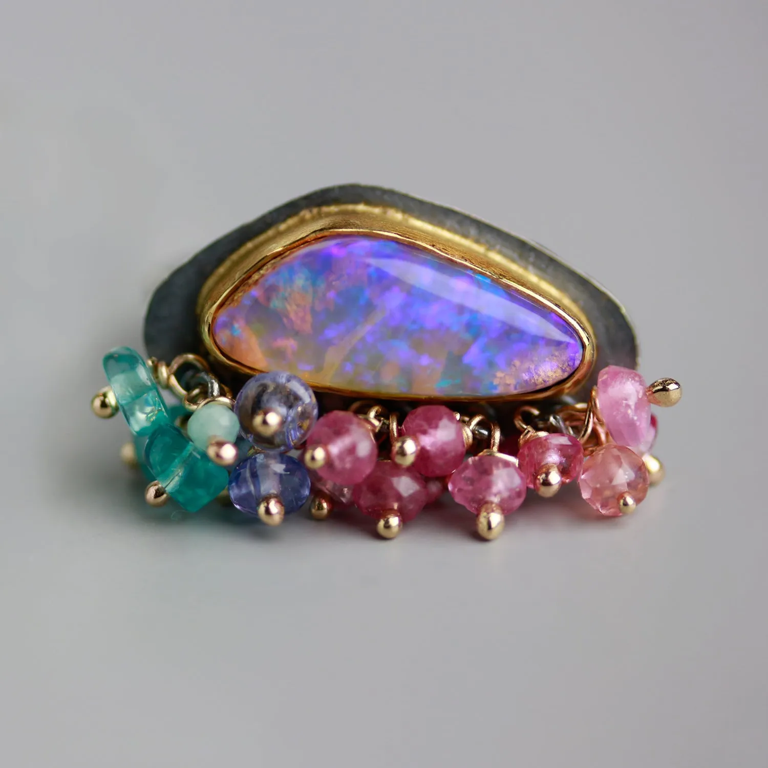Ultra Violet Boulder Opal with Gemstone Fringe. Size 7 1/4.