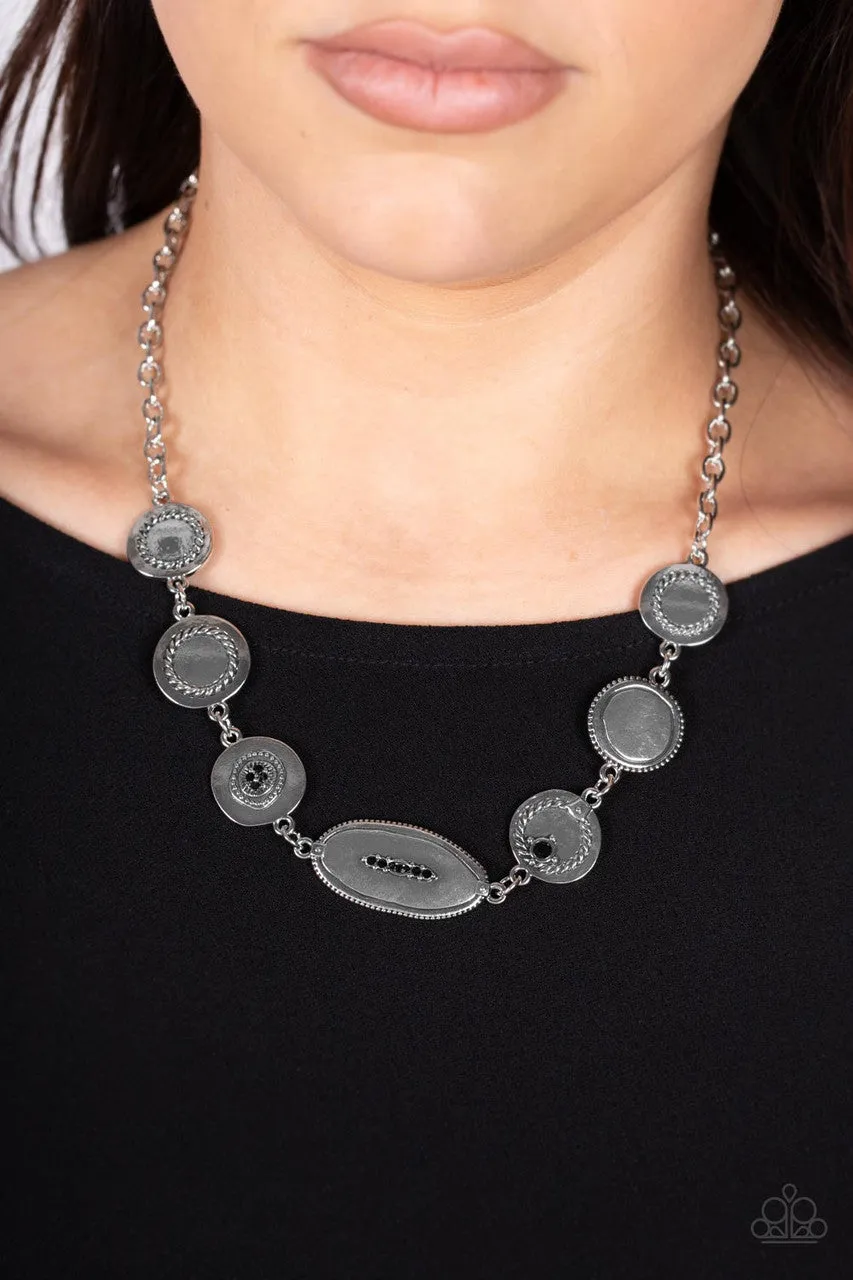 Uniquely Unconventional - Black - Rhinestone Studded Asymmetrical Silver Paparazzi Short Necklace