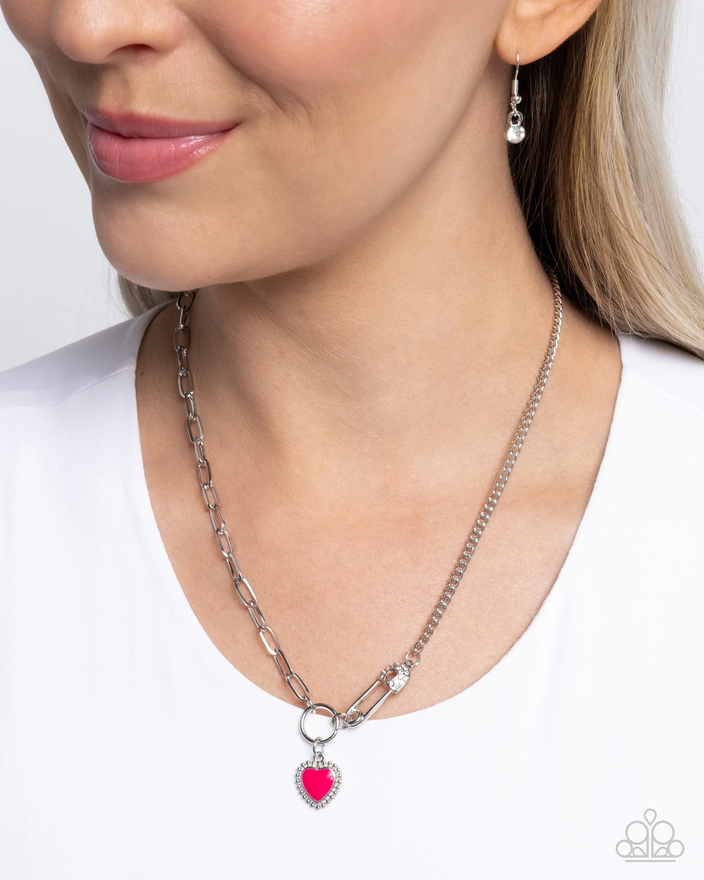 Valuable Valor - Pink - Painted Heart Pendant Silver Safety Pin Paparazzi Short Necklace