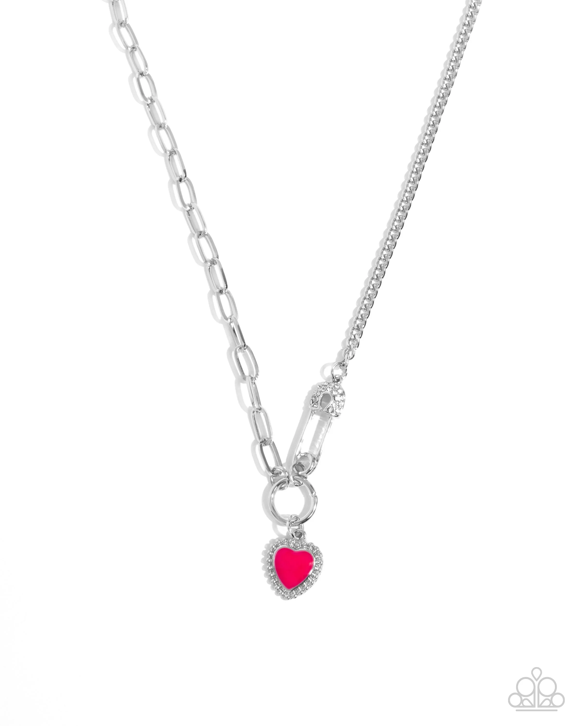 Valuable Valor - Pink - Painted Heart Pendant Silver Safety Pin Paparazzi Short Necklace