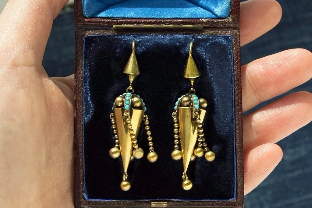 Victorian Turquoise and Tassel Earrings in Fitted Box