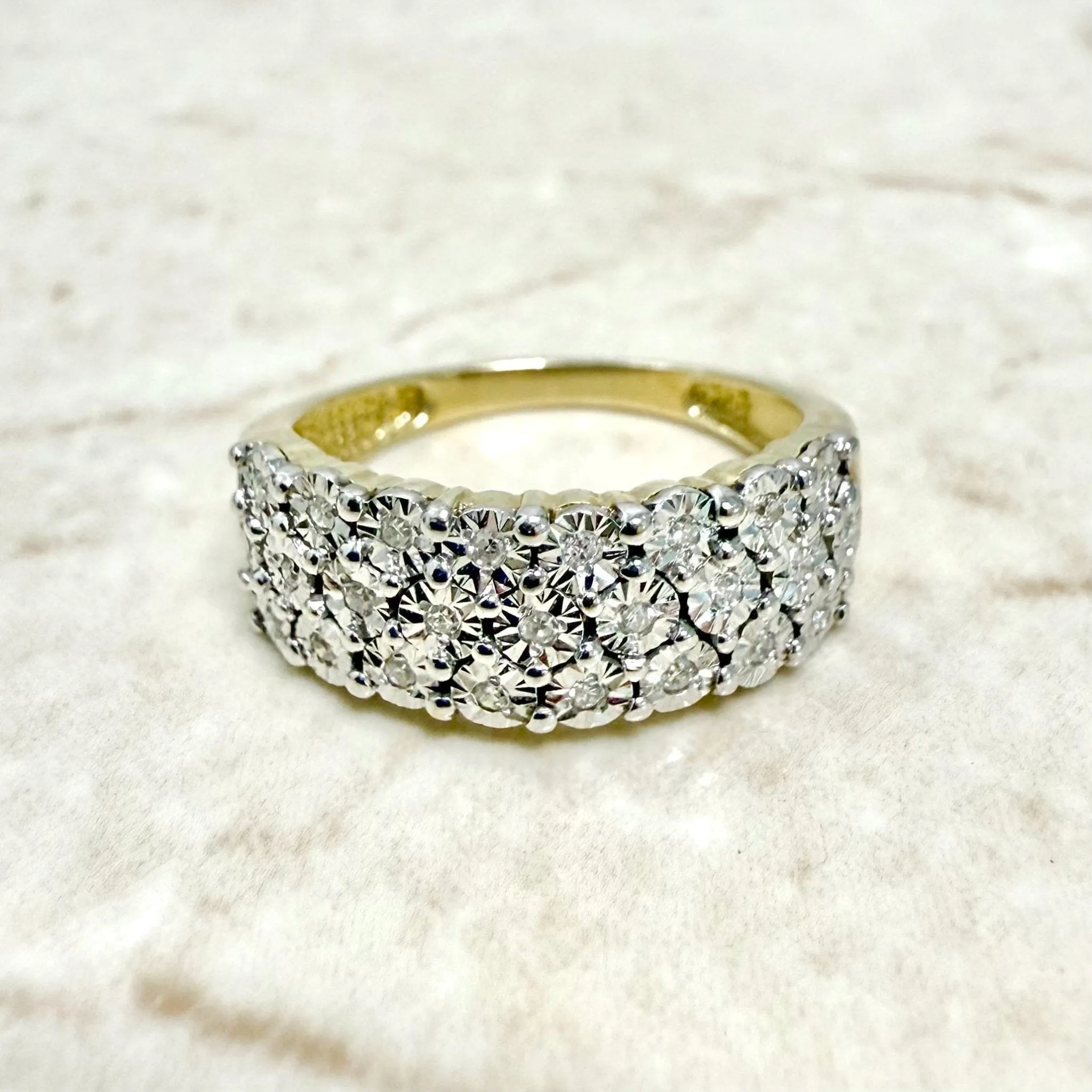 Vintage 14 Karat Two-Tone Gold Three-Row Diamond Band Ring