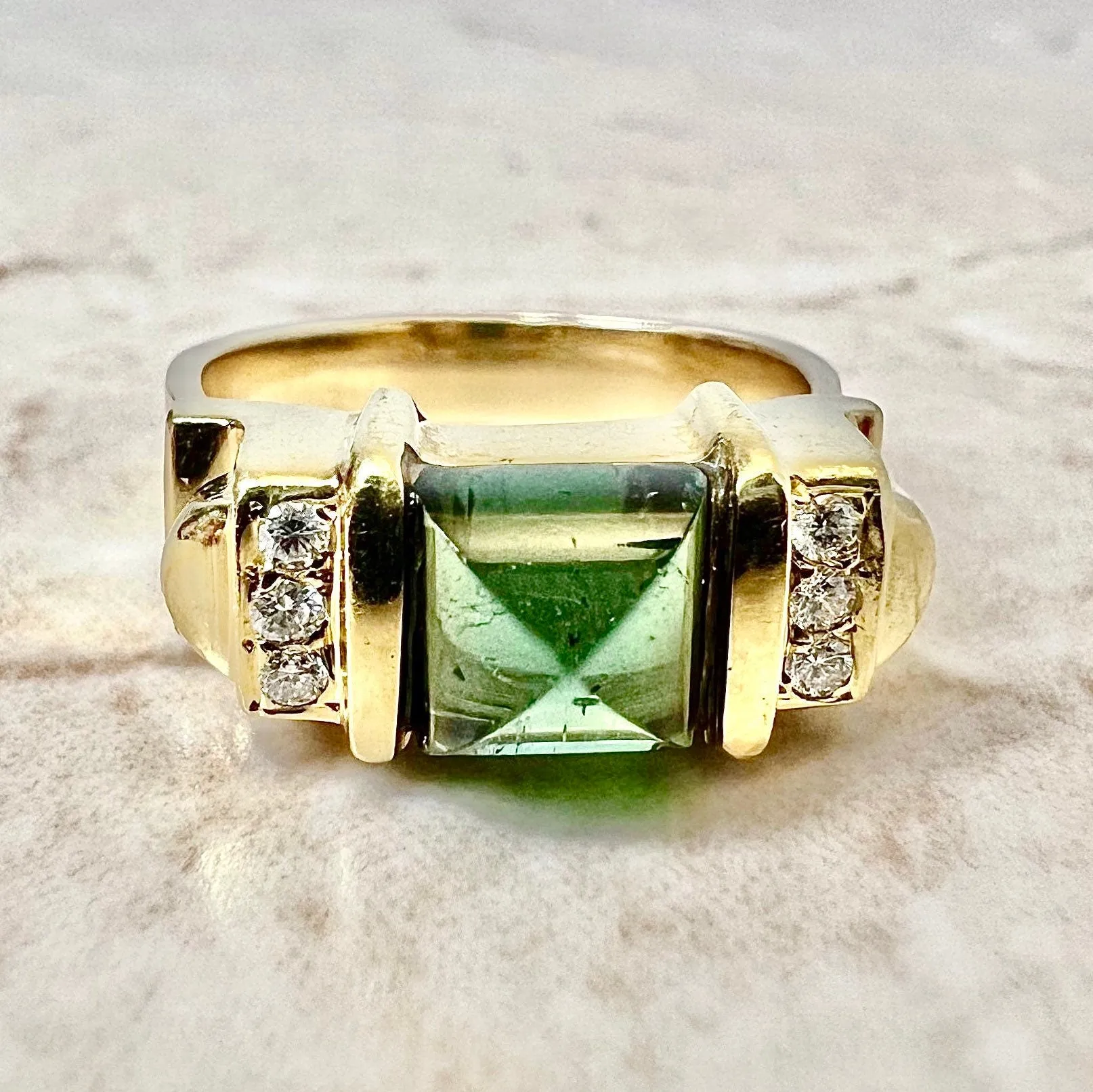Vintage 14 Karat Yellow Gold Green Tourmaline & Diamond Cocktail Ring