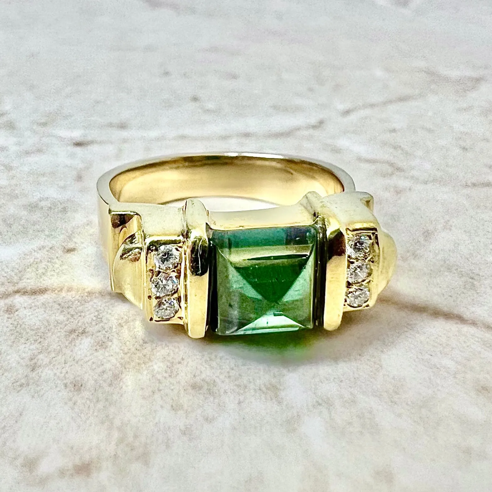 Vintage 14 Karat Yellow Gold Green Tourmaline & Diamond Cocktail Ring