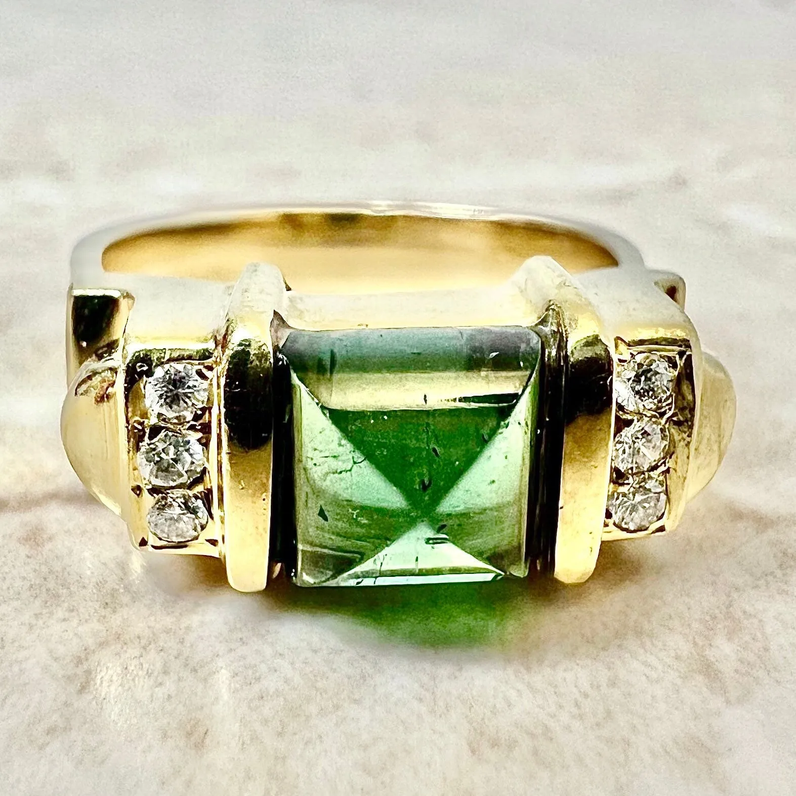 Vintage 14 Karat Yellow Gold Green Tourmaline & Diamond Cocktail Ring