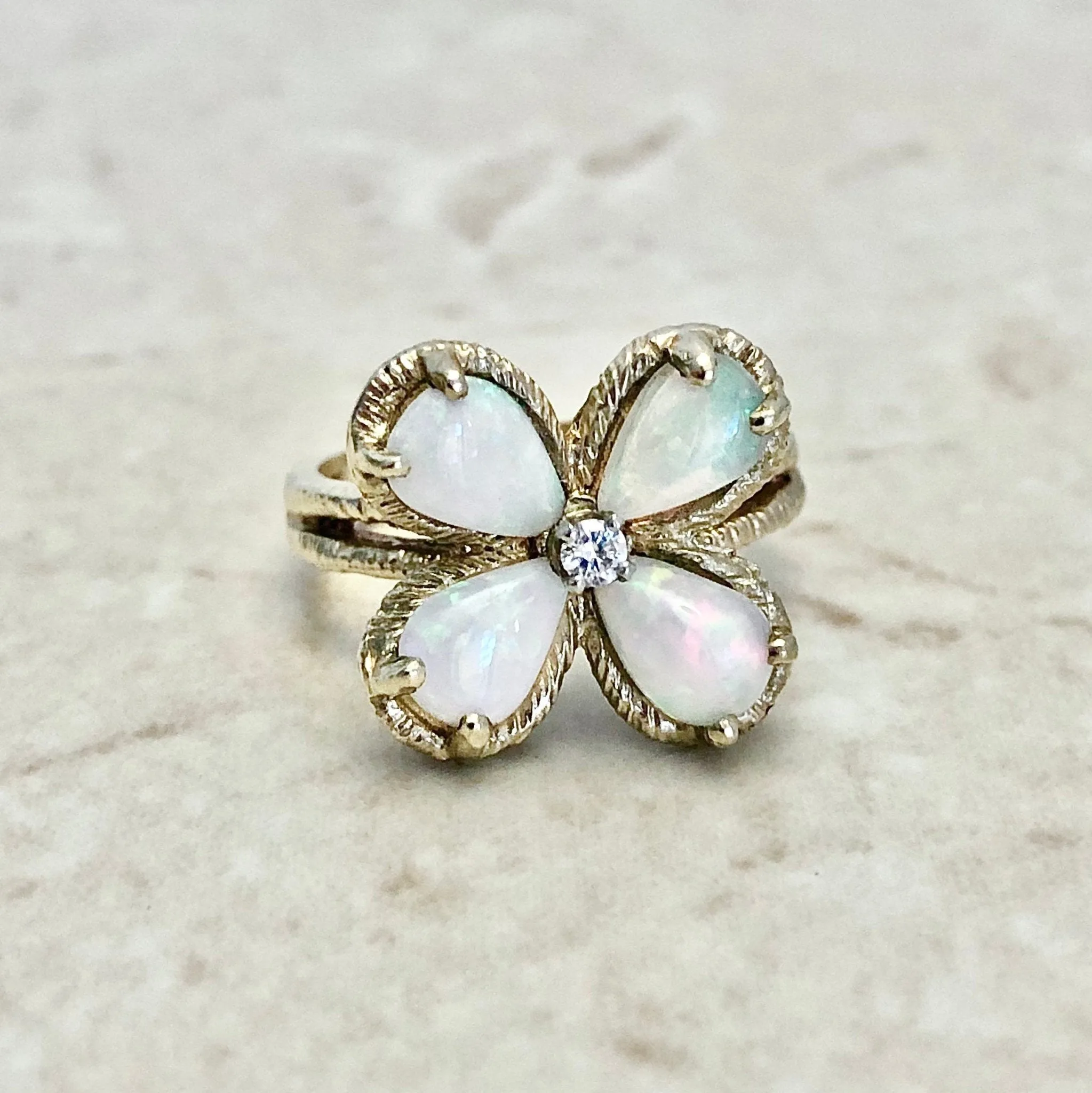 Vintage 14 Karat Yellow Gold Natural Opal & Diamond Quatrefoil Ring