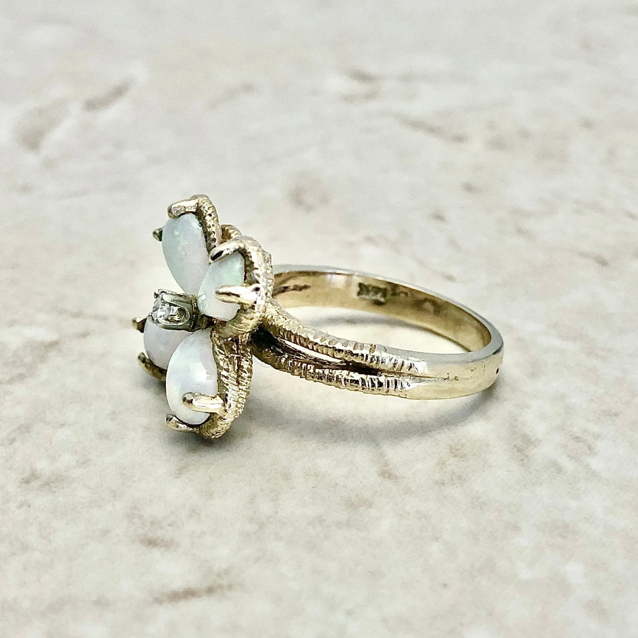 Vintage 14 Karat Yellow Gold Natural Opal & Diamond Quatrefoil Ring
