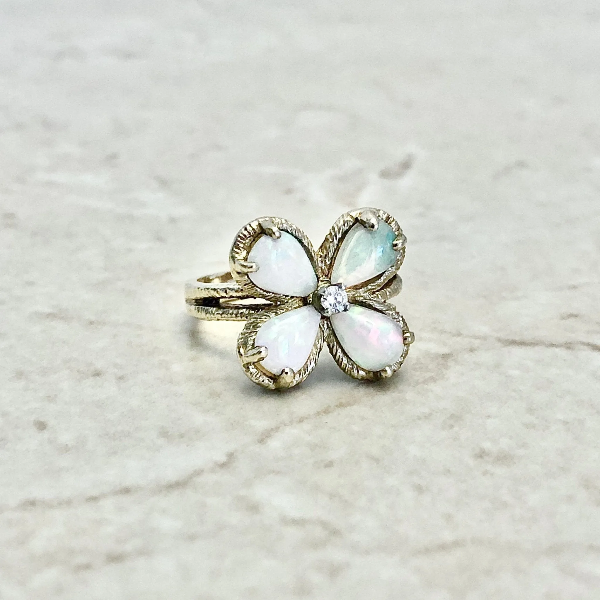 Vintage 14 Karat Yellow Gold Natural Opal & Diamond Quatrefoil Ring