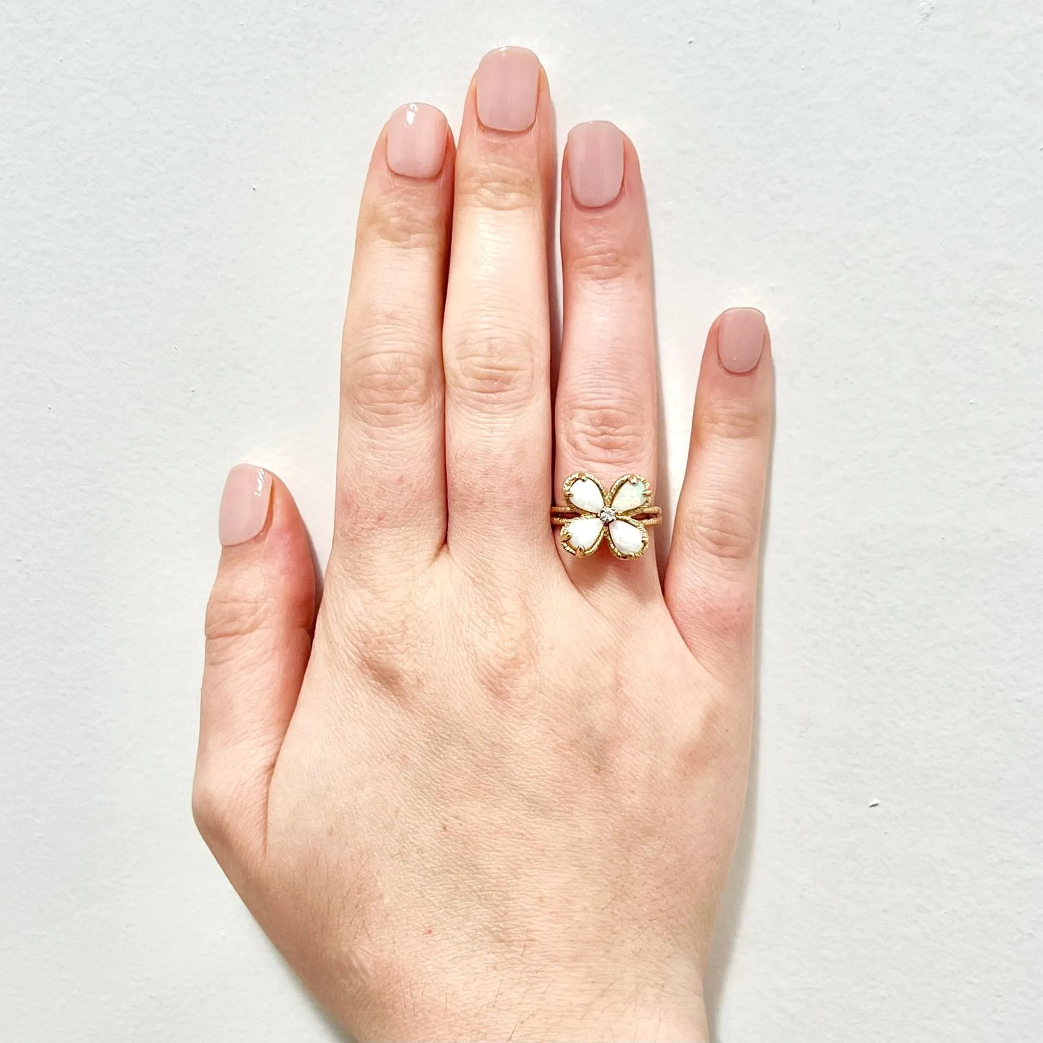 Vintage 14 Karat Yellow Gold Natural Opal & Diamond Quatrefoil Ring