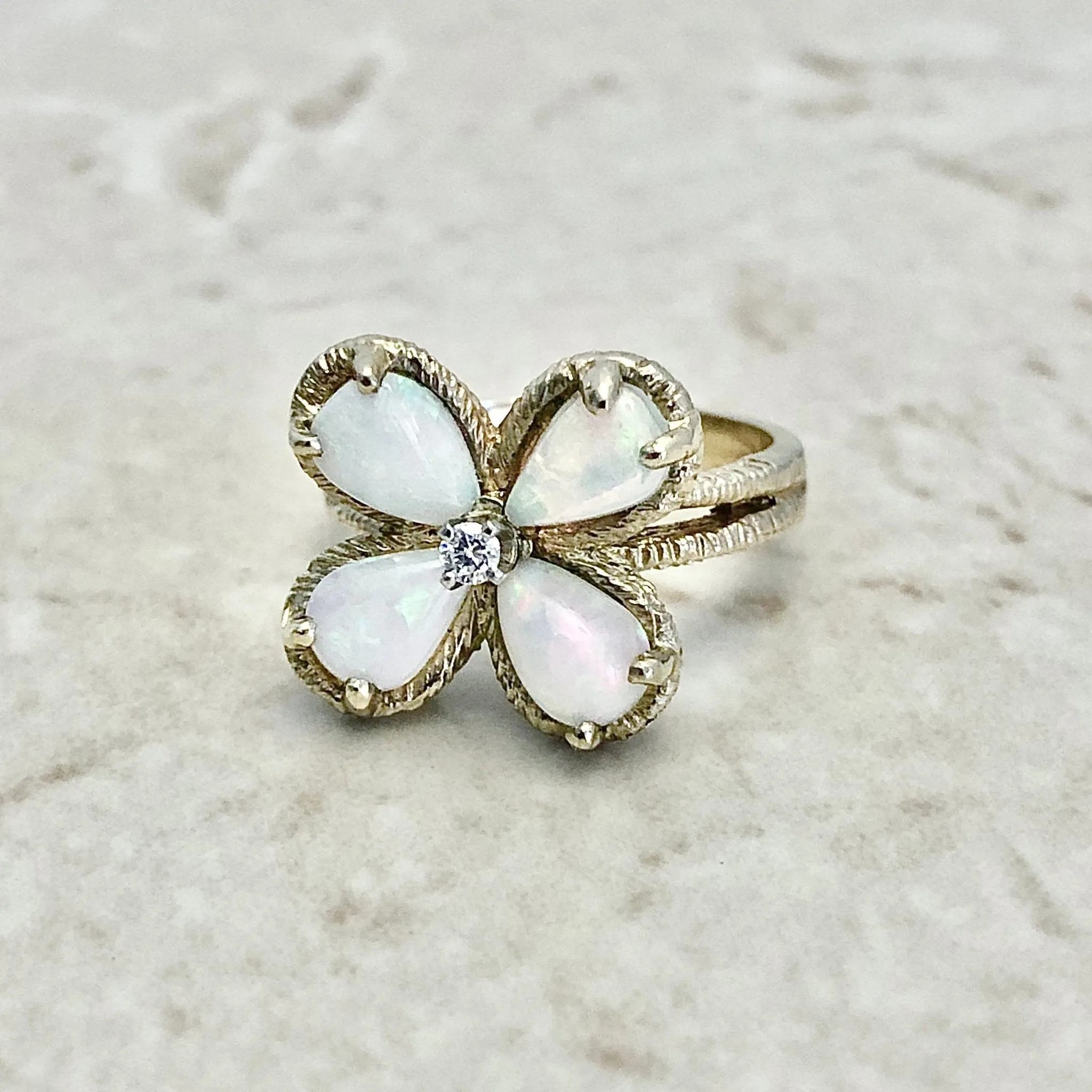 Vintage 14 Karat Yellow Gold Natural Opal & Diamond Quatrefoil Ring