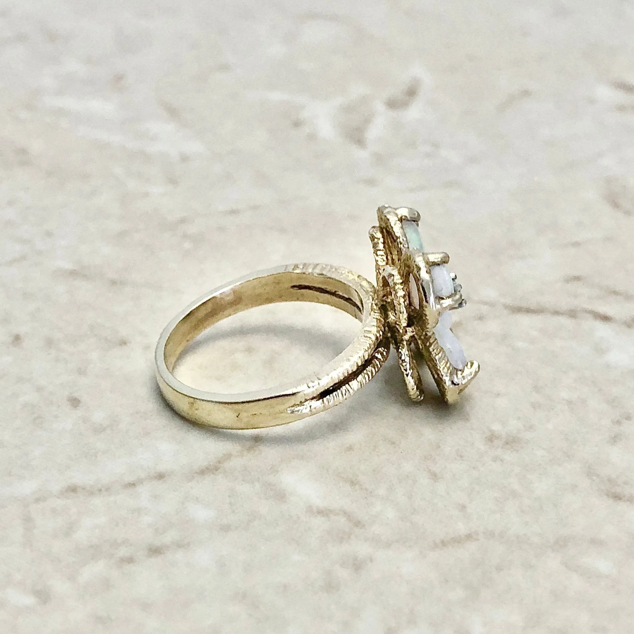 Vintage 14 Karat Yellow Gold Natural Opal & Diamond Quatrefoil Ring